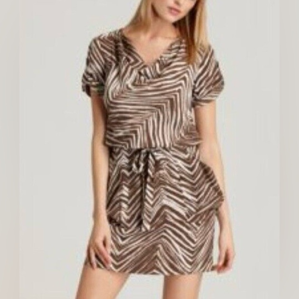 BCBGMAXAZRIA Dress Size M Ayshea Brown Zebra Draped Front Tie Belt Pockets